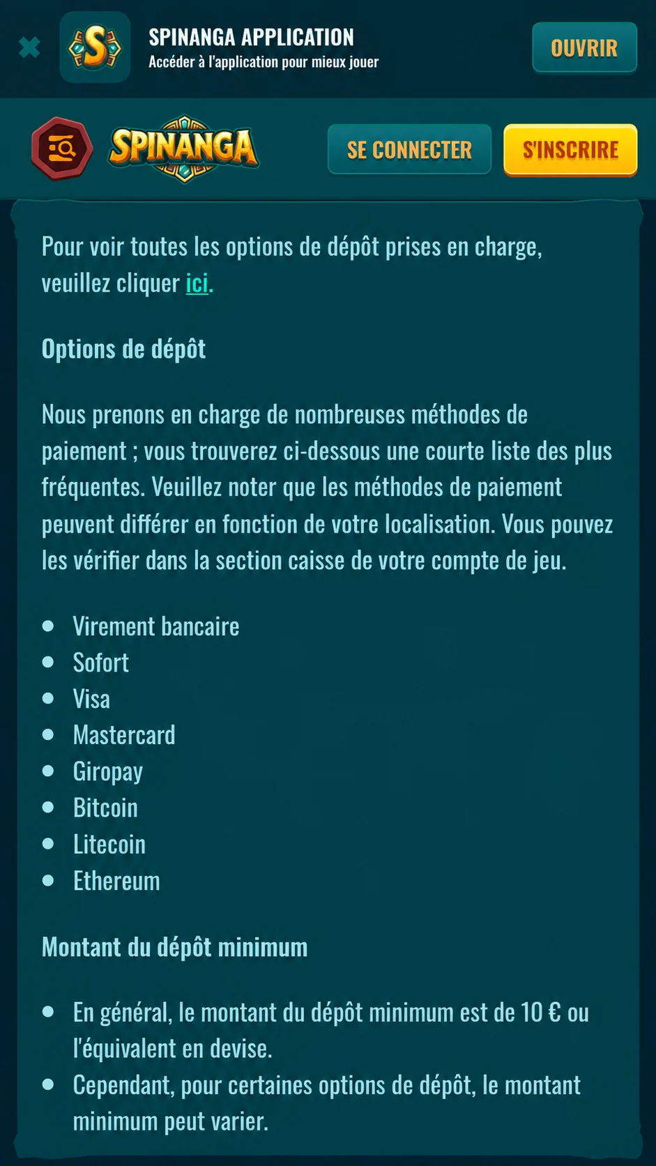 Spinanga payment methods