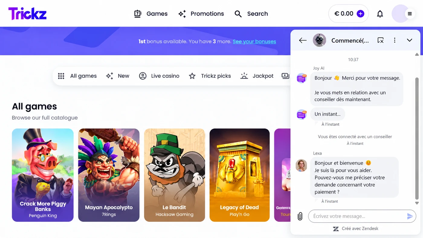 Trickz casino and support